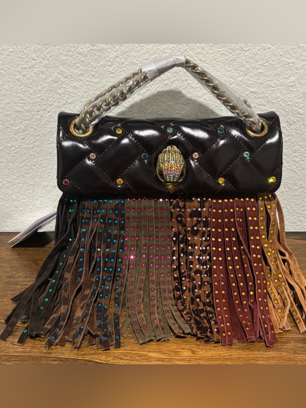 Kurt Geiger Mini Kensington Leather Fringe Crossbody Bag with Multicolor Studs - Picture 2 of 15